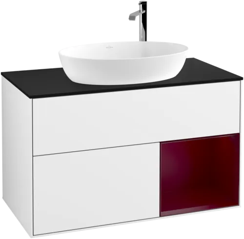Obrázek VILLEROY BOCH Toaletní skříňka Finion, s osvětlením, 2 výsuvy, 1000 x 603 x 501 mm, lesklý bílý lak / matný lak Pivoňka / matné černé sklo #F902HBGF