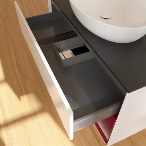 Obrázek VILLEROY BOCH Toaletní skříňka Finion, s osvětlením, 2 výsuvy, 1000 x 603 x 501 mm, lesklý bílý lak / matný lak Pivoňka / matné černé sklo #F902HBGF