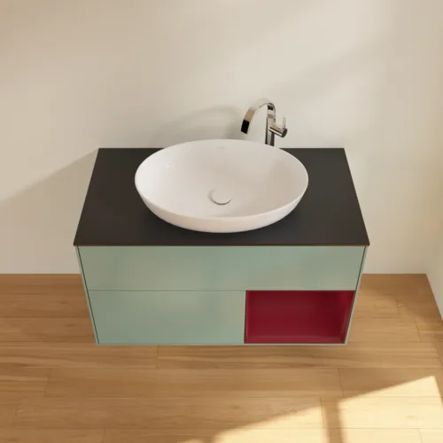 Obrázek VILLEROY BOCH Toaletní skříňka Finion, s osvětlením, 2 výsuvy, 1000 x 603 x 501 mm, olivový matný lak / pivoňkový matný lak / černé matné sklo #F902HBGM