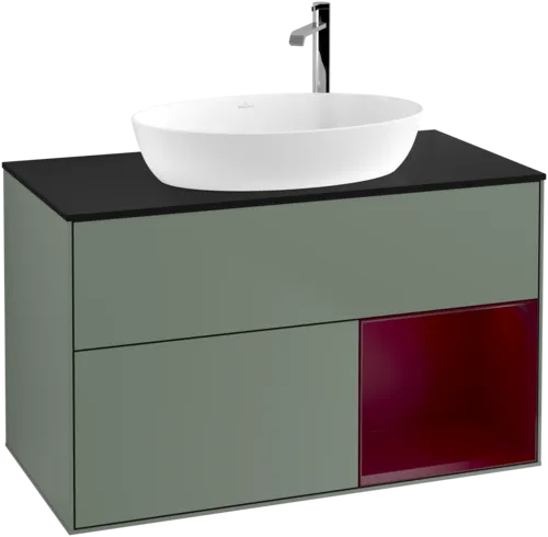 Obrázek VILLEROY BOCH Toaletní skříňka Finion, s osvětlením, 2 výsuvy, 1000 x 603 x 501 mm, olivový matný lak / pivoňkový matný lak / černé matné sklo #F902HBGM