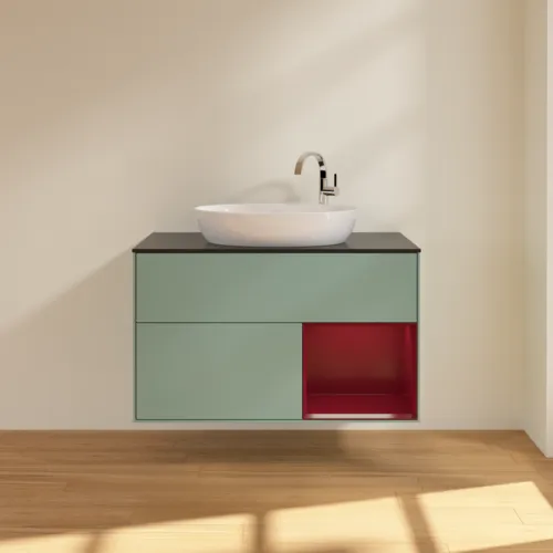 Obrázek VILLEROY BOCH Toaletní skříňka Finion, s osvětlením, 2 výsuvy, 1000 x 603 x 501 mm, olivový matný lak / pivoňkový matný lak / černé matné sklo #F902HBGM