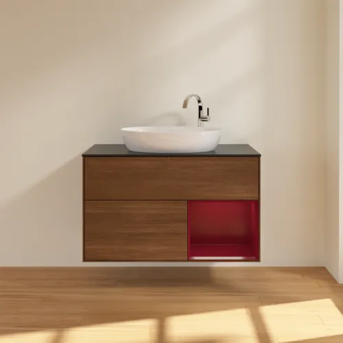 VILLEROY BOCH Toaletní skříňka Finion, s osvětlením, 2 výsuvy, 1000 x 603 x 501 mm, ořechová dýha / matný lak Pivoňka / černé matné sklo #F902HBGN, obrázek 3