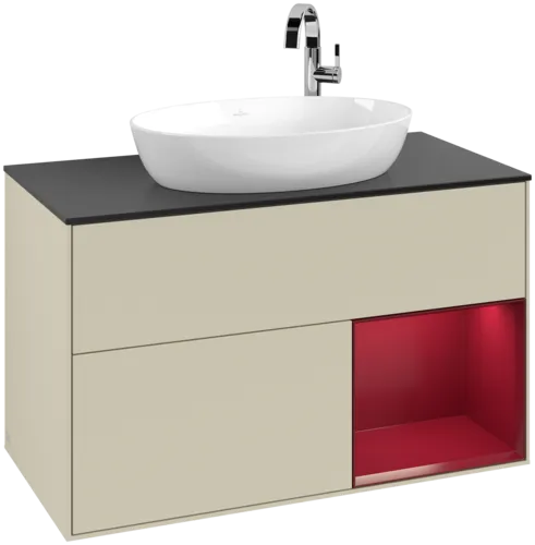 VILLEROY BOCH Toaletní skříňka Finion, s osvětlením, 2 výsuvy, 1000 x 603 x 501 mm, Silk Grey Matt Lacquer / Peony Matt Lacquer / Glass Black Matt #F902HBHJ