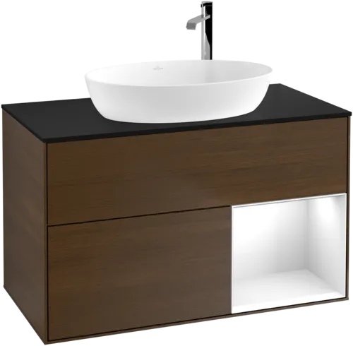 Obrázek VILLEROY BOCH Toaletní skříňka Finion, s osvětlením, 2 výsuvy, 1000 x 603 x 501 mm, ořechová dýha / lesklý bílý lak / sklo černé matné #F902GFGN