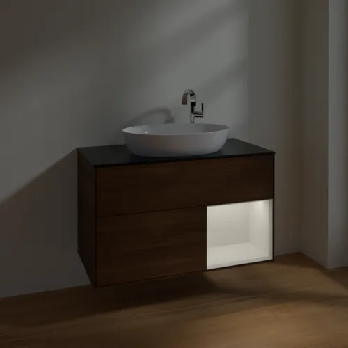 Obrázek VILLEROY BOCH Toaletní skříňka Finion, s osvětlením, 2 výsuvy, 1000 x 603 x 501 mm, ořechová dýha / lesklý bílý lak / sklo černé matné #F902GFGN