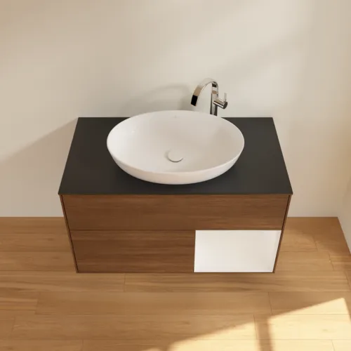 Obrázek VILLEROY BOCH Toaletní skříňka Finion, s osvětlením, 2 výsuvy, 1000 x 603 x 501 mm, ořechová dýha / lesklý bílý lak / sklo černé matné #F902GFGN