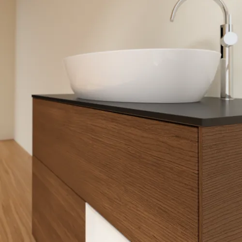 Obrázek VILLEROY BOCH Toaletní skříňka Finion, s osvětlením, 2 výsuvy, 1000 x 603 x 501 mm, ořechová dýha / lesklý bílý lak / sklo černé matné #F902GFGN