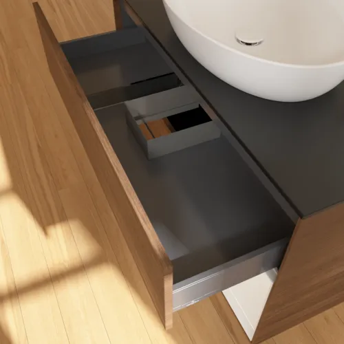 Obrázek VILLEROY BOCH Toaletní skříňka Finion, s osvětlením, 2 výsuvy, 1000 x 603 x 501 mm, ořechová dýha / lesklý bílý lak / sklo černé matné #F902GFGN