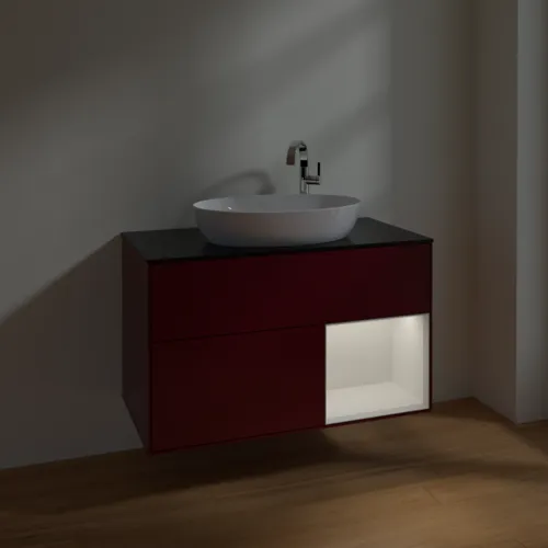 Obrázek VILLEROY BOCH Toaletní skříňka Finion, s osvětlením, 2 výsuvy, 1000 x 603 x 501 mm, matný lak Peony / lesklý bílý lak / černé matné sklo #F902GFHB