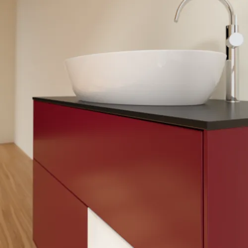 Obrázek VILLEROY BOCH Toaletní skříňka Finion, s osvětlením, 2 výsuvy, 1000 x 603 x 501 mm, matný lak Peony / lesklý bílý lak / černé matné sklo #F902GFHB