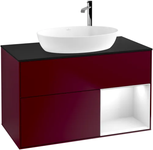 Obrázek VILLEROY BOCH Toaletní skříňka Finion, s osvětlením, 2 výsuvy, 1000 x 603 x 501 mm, matný lak Peony / lesklý bílý lak / černé matné sklo #F902GFHB