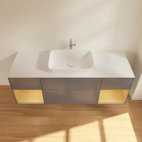 VILLEROY BOCH Toaletní skříňka Finion, s osvětlením, 4 výsuvy, 1600 x 603 x 501 mm, antracitový matný lak / zlatý matný lak / bílé matné sklo #F861HFGK, obrázek 4