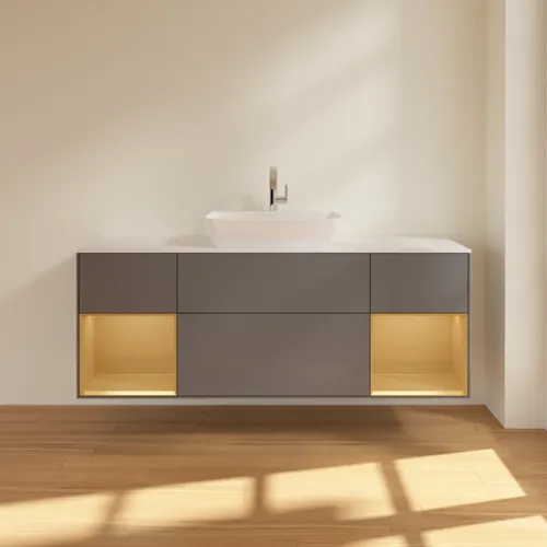 VILLEROY BOCH Toaletní skříňka Finion, s osvětlením, 4 výsuvy, 1600 x 603 x 501 mm, antracitový matný lak / zlatý matný lak / bílé matné sklo #F861HFGK, obrázek 3