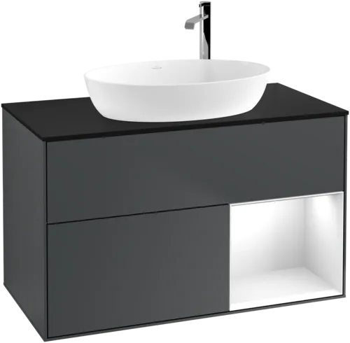 Obrázek VILLEROY BOCH Toaletní skříňka Finion, s osvětlením, 2 výsuvy, 1000 x 603 x 501 mm, Midnight Blue Matt Lacquer / Glossy White Lacquer / Glass Black Matt #F902GFHG