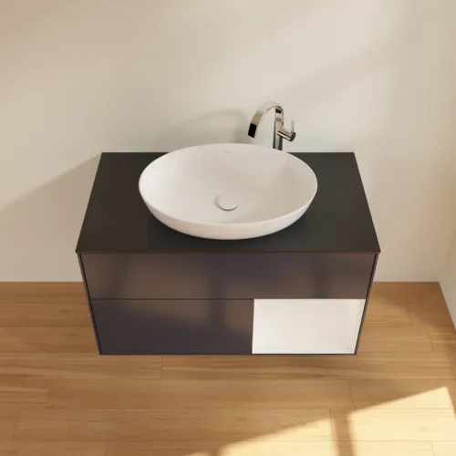 Obrázek VILLEROY BOCH Toaletní skříňka Finion, s osvětlením, 2 výsuvy, 1000 x 603 x 501 mm, Midnight Blue Matt Lacquer / Glossy White Lacquer / Glass Black Matt #F902GFHG