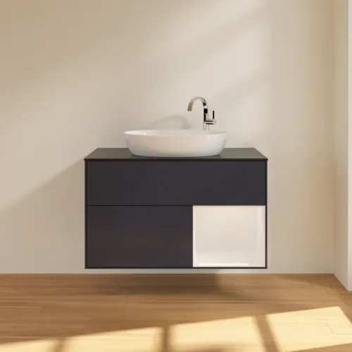 Obrázek VILLEROY BOCH Toaletní skříňka Finion, s osvětlením, 2 výsuvy, 1000 x 603 x 501 mm, Midnight Blue Matt Lacquer / Glossy White Lacquer / Glass Black Matt #F902GFHG