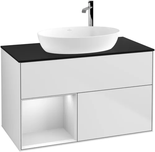 Obrázek VILLEROY BOCH Toaletní skříňka Finion, s osvětlením, 2 výsuvy, 1000 x 603 x 501 mm, bílý matný lak / bílý matný lak / černé matné sklo #F892MTMT