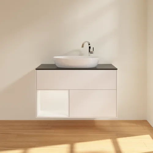 Obrázek VILLEROY BOCH Toaletní skříňka Finion, s osvětlením, 2 výsuvy, 1000 x 603 x 501 mm, bílý matný lak / bílý matný lak / černé matné sklo #F892MTMT