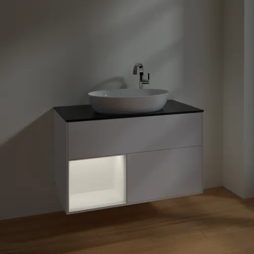 Obrázek VILLEROY BOCH Toaletní skříňka Finion, s osvětlením, 2 výsuvy, 1000 x 603 x 501 mm, bílý matný lak / bílý matný lak / černé matné sklo #F892MTMT