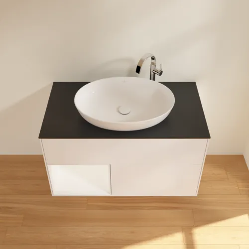 Obrázek VILLEROY BOCH Toaletní skříňka Finion, s osvětlením, 2 výsuvy, 1000 x 603 x 501 mm, bílý matný lak / bílý matný lak / černé matné sklo #F892MTMT