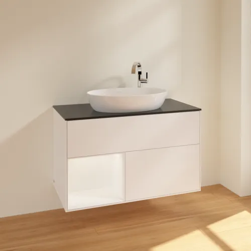 Obrázek VILLEROY BOCH Toaletní skříňka Finion, s osvětlením, 2 výsuvy, 1000 x 603 x 501 mm, bílý matný lak / bílý matný lak / černé matné sklo #F892MTMT