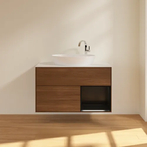 Obrázek VILLEROY BOCH Toaletní stolek Finion, s osvětlením, 2 výsuvy, 1000 x 603 x 501 mm, ořechová dýha / černý matný lak / sklo bílé matné #F901PDGN