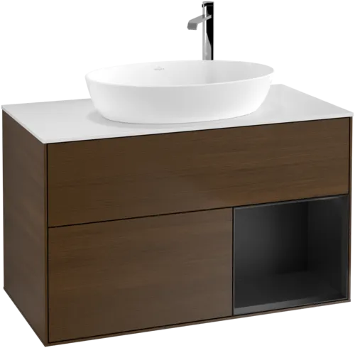 Obrázek VILLEROY BOCH Toaletní stolek Finion, s osvětlením, 2 výsuvy, 1000 x 603 x 501 mm, ořechová dýha / černý matný lak / sklo bílé matné #F901PDGN