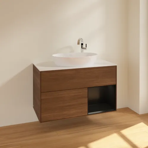 Obrázek VILLEROY BOCH Toaletní stolek Finion, s osvětlením, 2 výsuvy, 1000 x 603 x 501 mm, ořechová dýha / černý matný lak / sklo bílé matné #F901PDGN