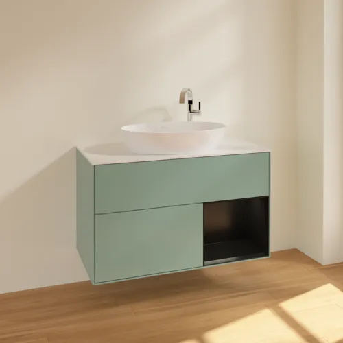 Obrázek VILLEROY BOCH Toaletní skříňka Finion, s osvětlením, 2 výsuvy, 1000 x 603 x 501 mm, olivový matný lak / černý matný lak / bílé matné sklo #F901PDGM