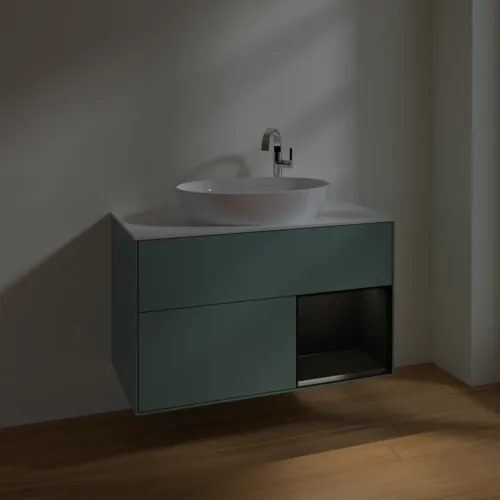 Obrázek VILLEROY BOCH Toaletní skříňka Finion, s osvětlením, 2 výsuvy, 1000 x 603 x 501 mm, olivový matný lak / černý matný lak / bílé matné sklo #F901PDGM