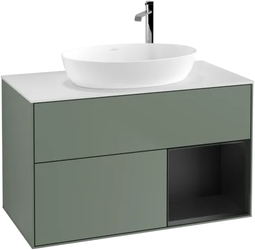 Obrázek VILLEROY BOCH Toaletní skříňka Finion, s osvětlením, 2 výsuvy, 1000 x 603 x 501 mm, olivový matný lak / černý matný lak / bílé matné sklo #F901PDGM
