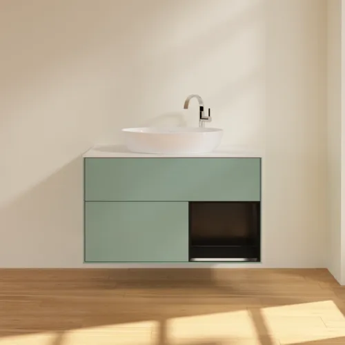 Obrázek VILLEROY BOCH Toaletní skříňka Finion, s osvětlením, 2 výsuvy, 1000 x 603 x 501 mm, olivový matný lak / černý matný lak / bílé matné sklo #F901PDGM