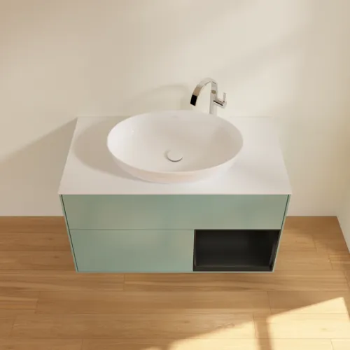 Obrázek VILLEROY BOCH Toaletní skříňka Finion, s osvětlením, 2 výsuvy, 1000 x 603 x 501 mm, olivový matný lak / černý matný lak / bílé matné sklo #F901PDGM