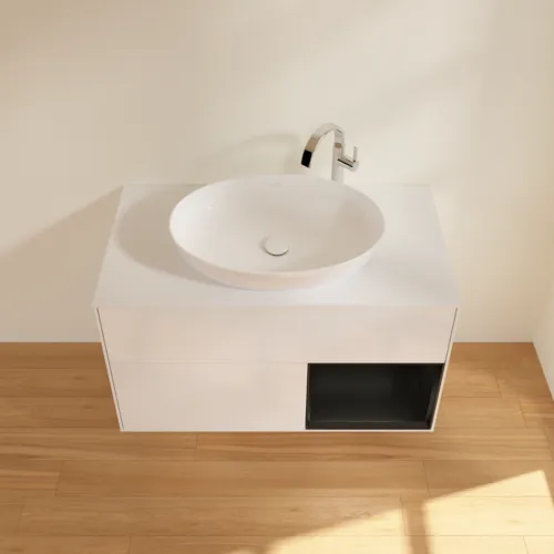 Obrázek VILLEROY BOCH Umyvadlová skříňka Finion, s osvětlením, 2 výsuvy, 1000 x 603 x 501 mm, lesklý bílý lak / černý matný lak / bílé matné sklo #F901PDGF