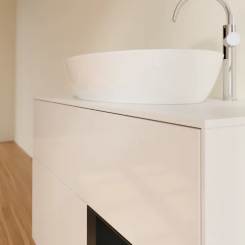Obrázek VILLEROY BOCH Umyvadlová skříňka Finion, s osvětlením, 2 výsuvy, 1000 x 603 x 501 mm, lesklý bílý lak / černý matný lak / bílé matné sklo #F901PDGF
