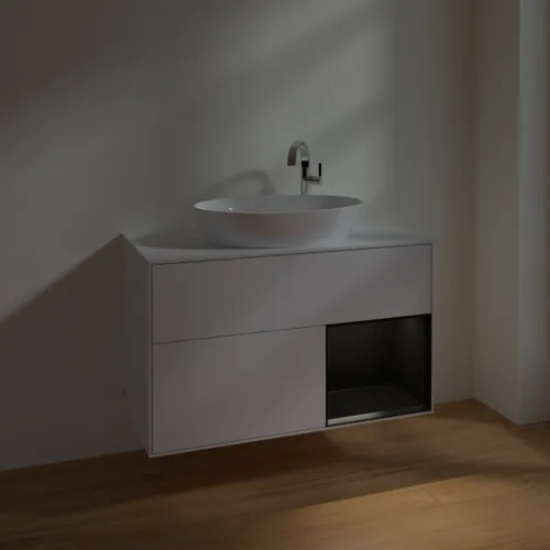 Obrázek VILLEROY BOCH Umyvadlová skříňka Finion, s osvětlením, 2 výsuvy, 1000 x 603 x 501 mm, lesklý bílý lak / černý matný lak / bílé matné sklo #F901PDGF