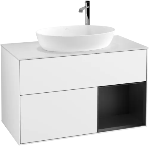 Obrázek VILLEROY BOCH Umyvadlová skříňka Finion, s osvětlením, 2 výsuvy, 1000 x 603 x 501 mm, lesklý bílý lak / černý matný lak / bílé matné sklo #F901PDGF