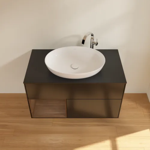 Obrázek VILLEROY BOCH Toaletní skříňka Finion, s osvětlením, 2 výsuvy, 1000 x 603 x 501 mm, černý matný lak / ořechová dýha / černé matné sklo #F892GNPD