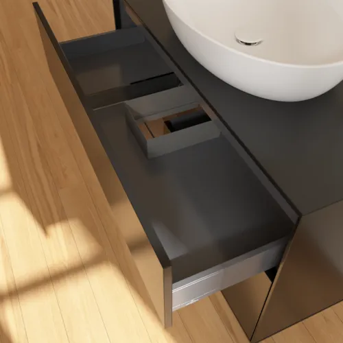 Obrázek VILLEROY BOCH Toaletní skříňka Finion, s osvětlením, 2 výsuvy, 1000 x 603 x 501 mm, černý matný lak / ořechová dýha / černé matné sklo #F892GNPD