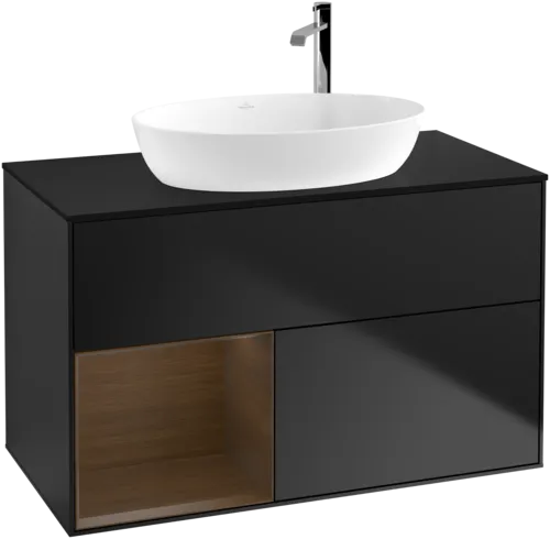 Obrázek VILLEROY BOCH Toaletní skříňka Finion, s osvětlením, 2 výsuvy, 1000 x 603 x 501 mm, černý matný lak / ořechová dýha / černé matné sklo #F892GNPD