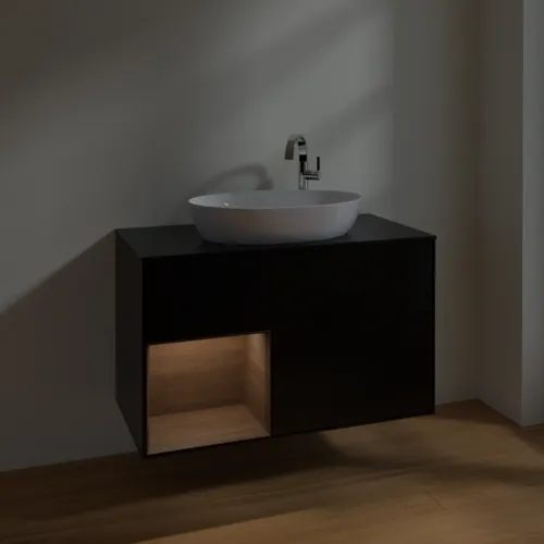 Obrázek VILLEROY BOCH Toaletní skříňka Finion, s osvětlením, 2 výsuvy, 1000 x 603 x 501 mm, černý matný lak / ořechová dýha / černé matné sklo #F892GNPD