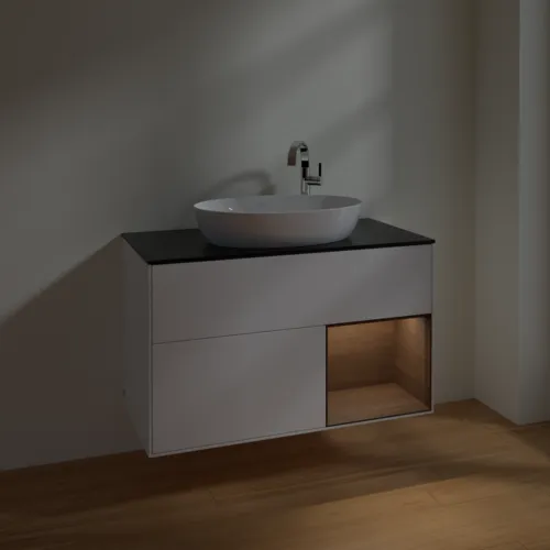 Obrázek VILLEROY BOCH Toaletní skříňka Finion, s osvětlením, 2 výsuvy, 1000 x 603 x 501 mm, bílý matný lak / ořechová dýha / černé matné sklo #F902GNMT