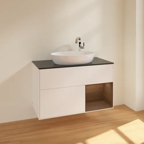 Obrázek VILLEROY BOCH Toaletní skříňka Finion, s osvětlením, 2 výsuvy, 1000 x 603 x 501 mm, bílý matný lak / ořechová dýha / černé matné sklo #F902GNMT
