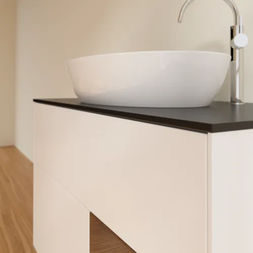 Obrázek VILLEROY BOCH Toaletní skříňka Finion, s osvětlením, 2 výsuvy, 1000 x 603 x 501 mm, bílý matný lak / ořechová dýha / černé matné sklo #F902GNMT