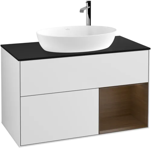Obrázek VILLEROY BOCH Toaletní skříňka Finion, s osvětlením, 2 výsuvy, 1000 x 603 x 501 mm, bílý matný lak / ořechová dýha / černé matné sklo #F902GNMT