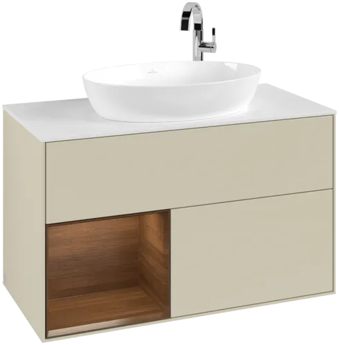 VILLEROY BOCH Toaletní skříňka Finion, s osvětlením, 2 výsuvy, 1000 x 603 x 501 mm, hedvábně šedý matný lak / ořechová dýha / sklo bílé matné #F891GNHJ