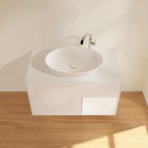 Obrázek VILLEROY BOCH Umyvadlová skříňka Finion, s osvětlením, 2 výsuvy, 1000 x 603 x 501 mm, lesklý bílý lak / bílý matný lak / bílé matné sklo #F901MTGF