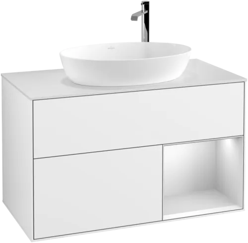 Obrázek VILLEROY BOCH Umyvadlová skříňka Finion, s osvětlením, 2 výsuvy, 1000 x 603 x 501 mm, lesklý bílý lak / bílý matný lak / bílé matné sklo #F901MTGF