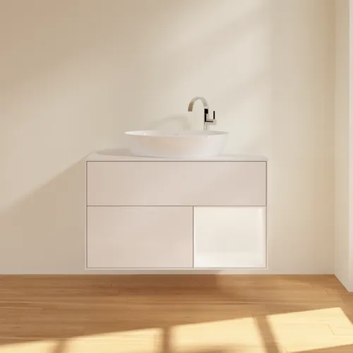 Obrázek VILLEROY BOCH Umyvadlová skříňka Finion, s osvětlením, 2 výsuvy, 1000 x 603 x 501 mm, lesklý bílý lak / bílý matný lak / bílé matné sklo #F901MTGF