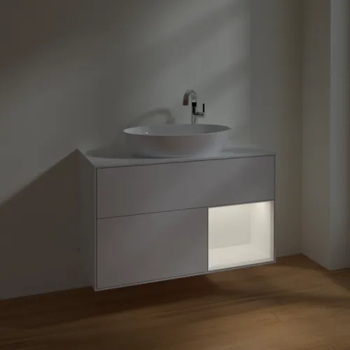 Obrázek VILLEROY BOCH Umyvadlová skříňka Finion, s osvětlením, 2 výsuvy, 1000 x 603 x 501 mm, lesklý bílý lak / bílý matný lak / bílé matné sklo #F901MTGF